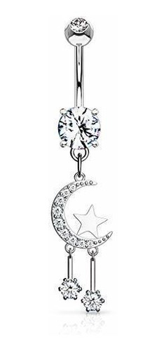 Aros - Crystal Paved Crescent Moon And Stars Dangling Belly 