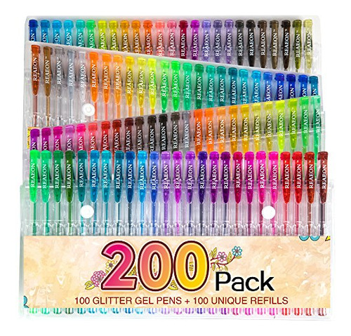 Juego De 200 Boligrafos De Gel Con Brillantina, 100 Marcador