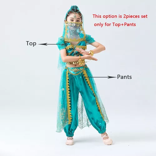 Disfraz de jazmín para danza del vientre, disfraz de princesa de Aladdin,  color verde azulado para mujeres/niñas