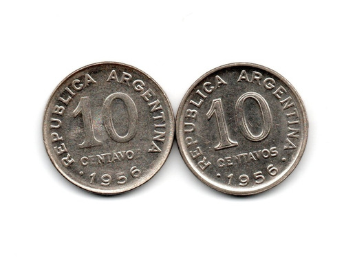 Argentina 2 Monedas 10 Centavos 1956 Borde Fino Y Grueso Exc