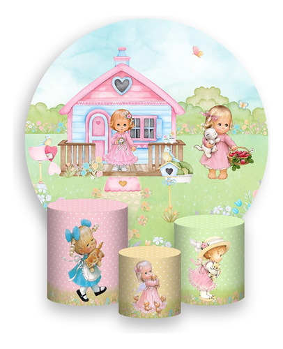 Painel De Festa + Trio Capas - Jardim Encantado Aquarela 11 Cor Colorido Personagem Casinha de boneca