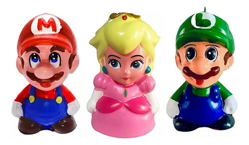 Vela De Cera Kit 3  Mario + Luigi + Peach Pastel Vela