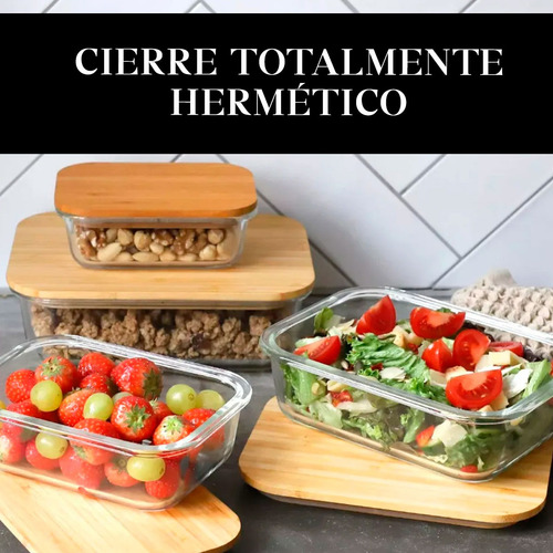 X 3 Tuper Vidrio Hermético Contenedor Tapas Madera Bambu