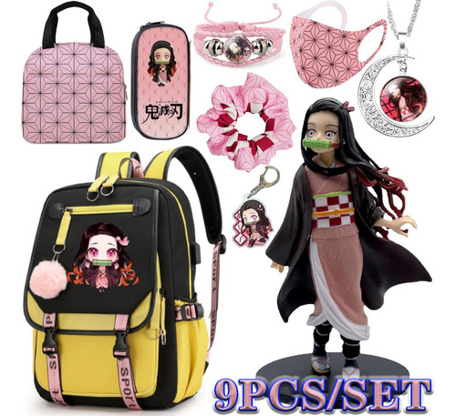 9 Unids/set Demon Slayer Nezuko Mochilas+estuche+lonchera