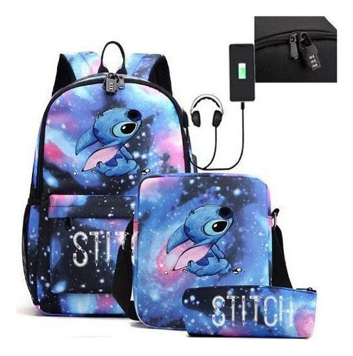 Mochila Usb Stitch Casual Conjunto De 3 Piezas