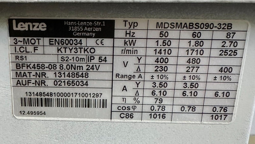 New Lenze Mdsmabs090-32b Ac Motor 1.50-2.7kw 50-87hz 131 Qtt