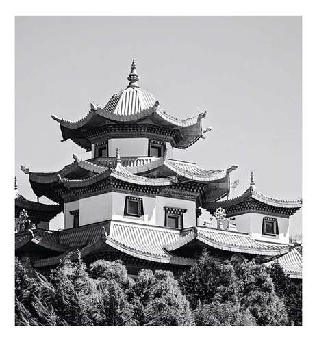 Vinilo 20x20cm Japones Templo Buda Edificio Blanco Negro