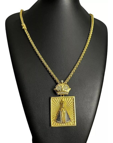 Pingente  De Ouro Tojoia18k Corrente Cordão Peruano 8mm + Pingente Nossa Senhora Quadrada Banhada Y Desenho Do Nossa Senhora Com 8mm De Diâmetro Ouro