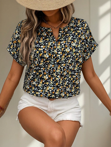 Blusa Con Cuello En V Y Estampado Floral De Moda Para Mujer