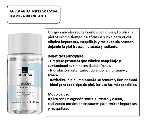 Limpieza Agua Micelar Revitalizante Ácido Hialurónico Avon