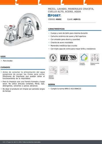 Mezcladora P/lavabo Manerales Cruceta C Curvo Foset 49692 Acabado Cromado Color Plateado