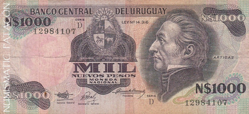 Billete Uruguay 1000 Nuevos Pesos Serie D Año 1992 - # 64 A