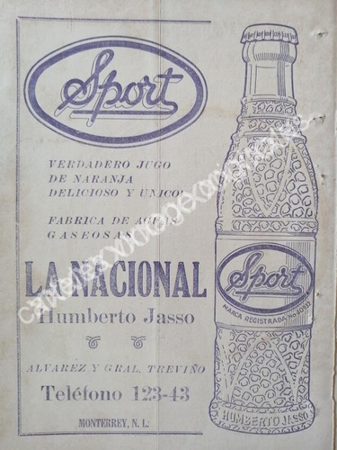 Cartel Retro Refresco Sport, Monterrey 1943 Raro