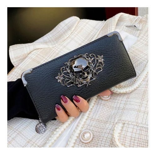 Cartera Larga Calavera Con Cremallera Estilo De Cuero