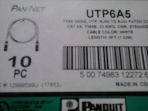 Cable Panduit Cat 6a Color Blanco De 1.52 Mts Con Conectores