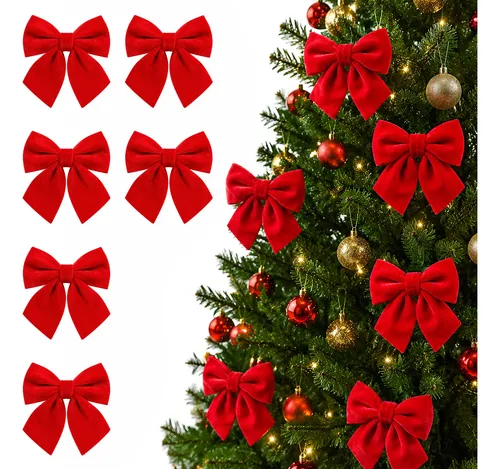 Kit 6 Laços De Veludo Luxo Enfeite Para Árvore De Natal Vermelho