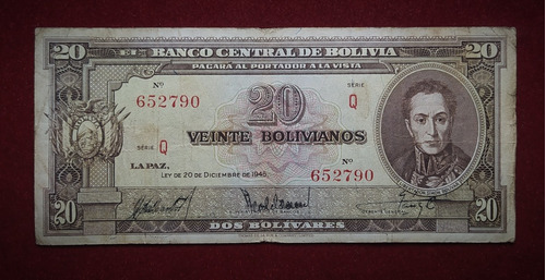 Billete 20 Bolivianos 1945 Bolivia Pick 140 A.8