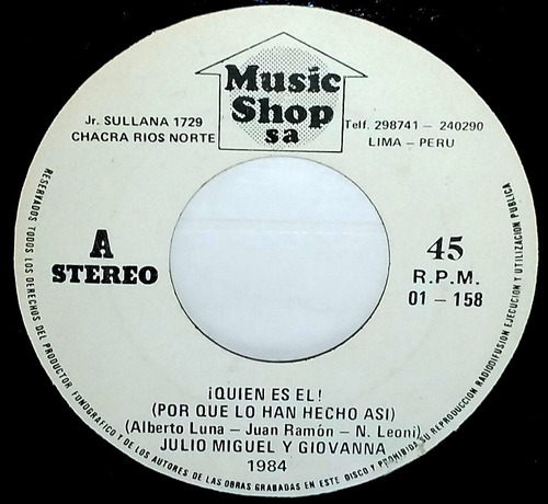 Single 45 Julio Miguel & Giovanna - Quién Es El 1982 M Shop