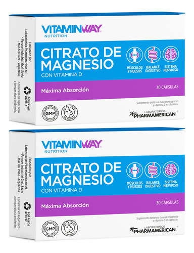Vitamin Way Kit X2 Cajas Citrato De Magnesio Vitamina D X30
