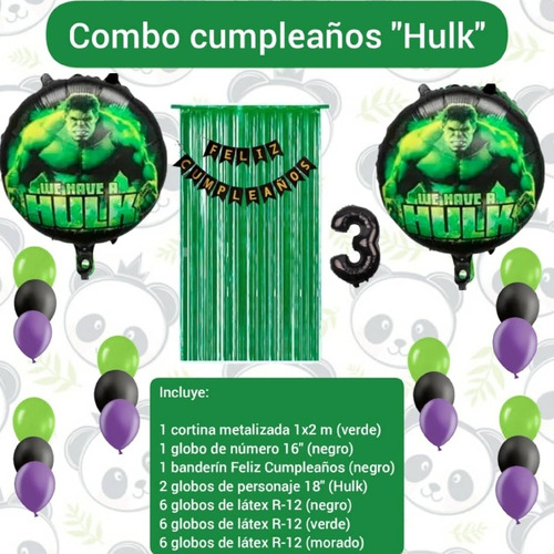 Combo Decoración Cumpleaños Hulk Banderin Cortina Globos