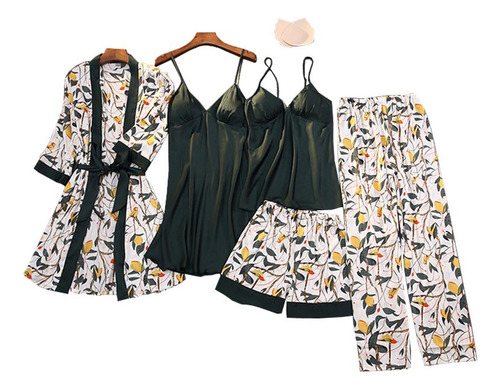 Set De Pijama Dama Sexi Ropa De Dormir Bata De Seda 5 Piezas