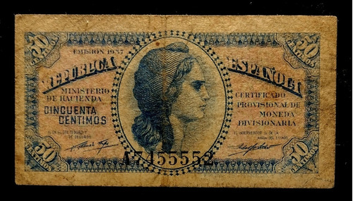 España Billete 50 Céntimos 1937 Bueno Pick 93 República