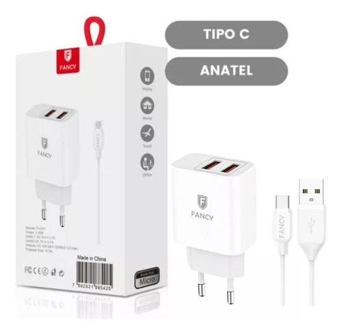 Carregador De Celular Duplo Usb + Cabo Tipo C Turbo Branco