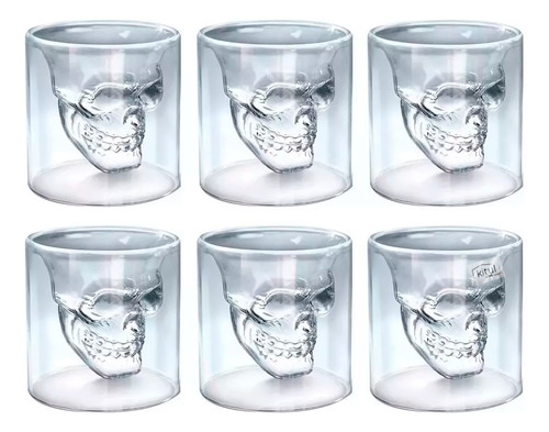 Pack 6 Vasos Calaca Shot Tequilero Vaso Vidrio Calavera 75ml Color Transparente