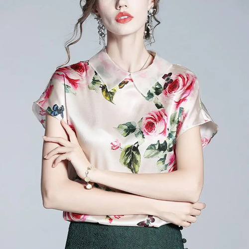 Blusa Floral Para Mujer, Blusa De Satén, Camisa De Manga Cor