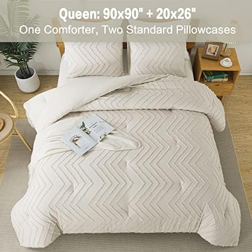 Litanika Queen Juego De Edredón Beige, 3 Piezas Boho Chevron