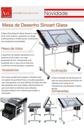 Mesa Para Desenho Profissional Tampo Em Vidro Sinoart Glass