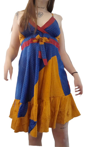 Vestido De Seda Hindú Corto - Azul Amarillo