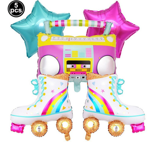 Bouquete De Globos Grabadora Patines Fiesta Tematica 80 90s 