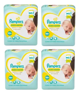 Kit 4 Fralda Pampers Rn+ Premium Care 20 Uni Recém-nascido