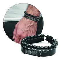 Comprar Pulsera Hombre - Pulsera Cuero Genuino - Pulsera Cruz Acero Quirúrgico - Brazalete Hombre - Pulseras Conjunto 2 En 1