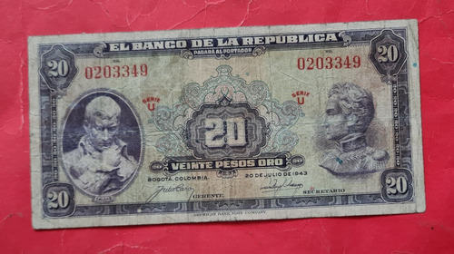 Billete 20 Pesos De 1943 Escaso