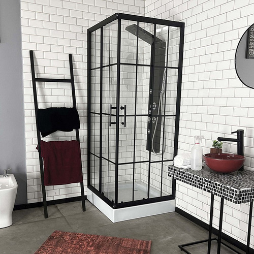 Box De Ducha Mampara Toronto Gorena 90cm Cabina Recta S/base Armazón Negro Panel Trasparente Fon