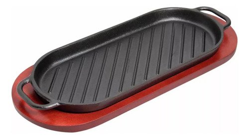 Plancha Grill Hierro Fundido Ovalado Con Base Parrillada 2pz Color Café