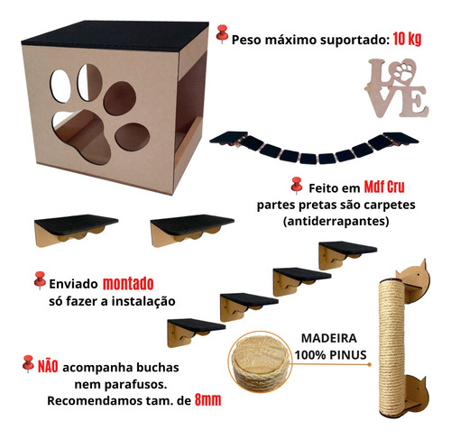 Brinquedo Gatos Parede 17 Pcs Mdf Em 6mm Playground Grande