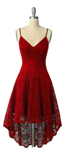 Vestido Asimétrico De Encaje Cola Corta Sin Manga, Rojo