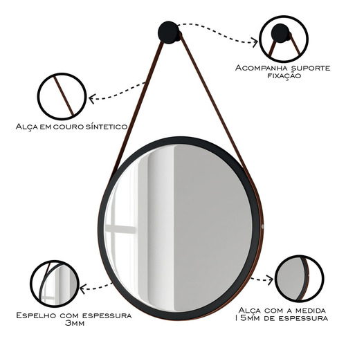 Kit 3 Espelhos Redondos 67cm C/ Alça Adnet Escandinavo Preto