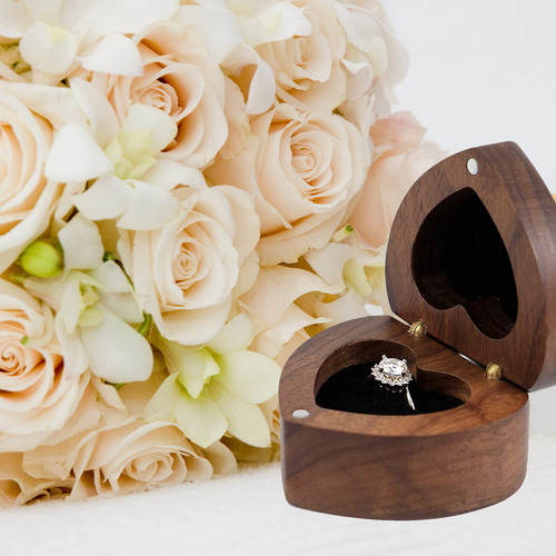 Caja Anillo Compromiso Corazón Madera Terciopelo Suave Bod