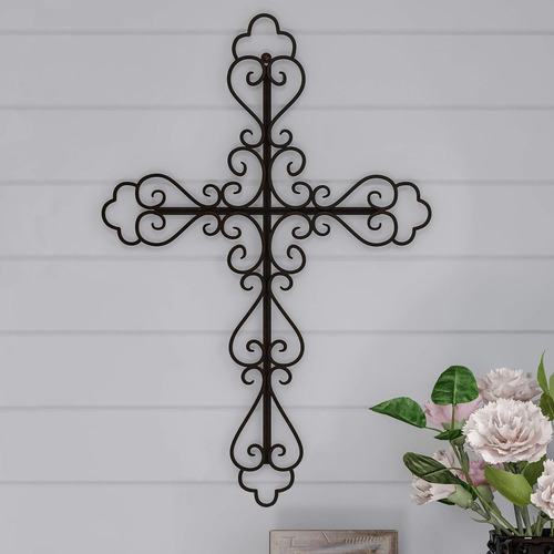 Cruz De Pared De Metal Con Diseño Decorativo De Flor De Lis,