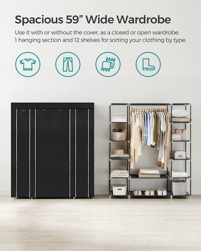 Armario Closet Portatil De 12 Compartimentos, Color Negro Negro