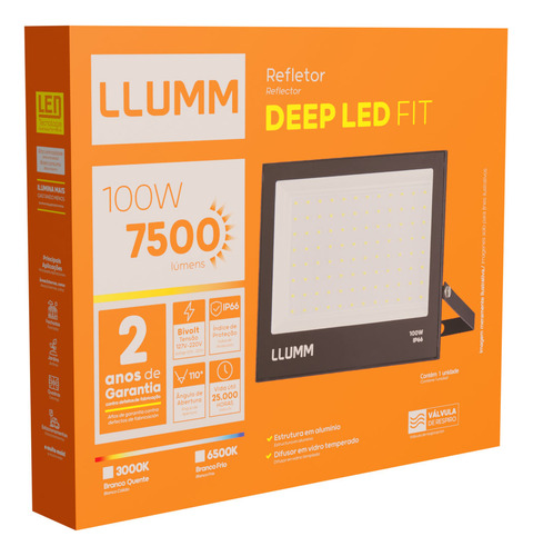 Kit 4 Un Refletor Deep Fit Led 100w 6500k Branco-frio Ip66 A Prova D'água Bivolt Llumm