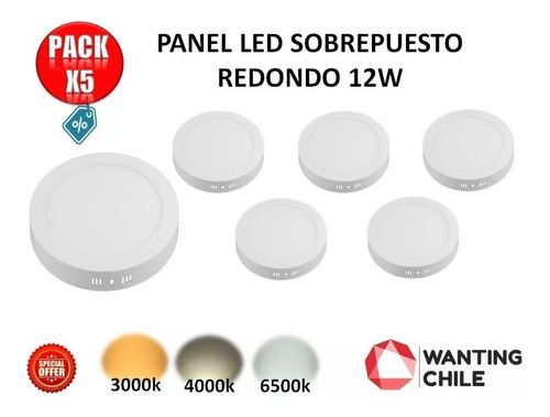 Pack 5 Panel Plafon Led Sobrepuesto Redondo 12w