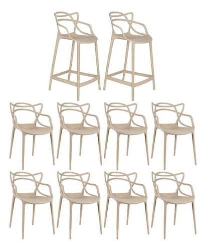 Kit 8 Cadeiras + 2 Banquetas Médias Masters Allegra Cor Nude