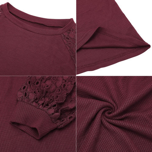Blusa De Encaje De Manga Larga Con Cuello Redondo Para Mujer