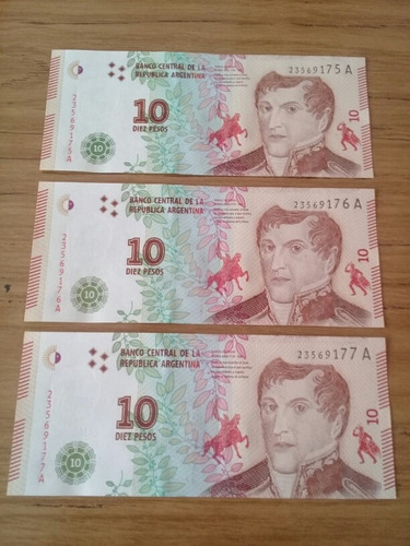 Lote 3 Billetes Consecutivos 10 Pesos Belgrano Serie A Excel