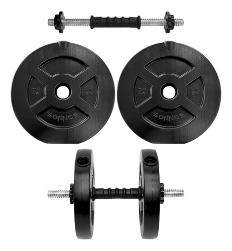 Kit Mancuerna A Rosca 5 Kg Discos Pvc + Topes. Pesas. Sonnos Color Negro